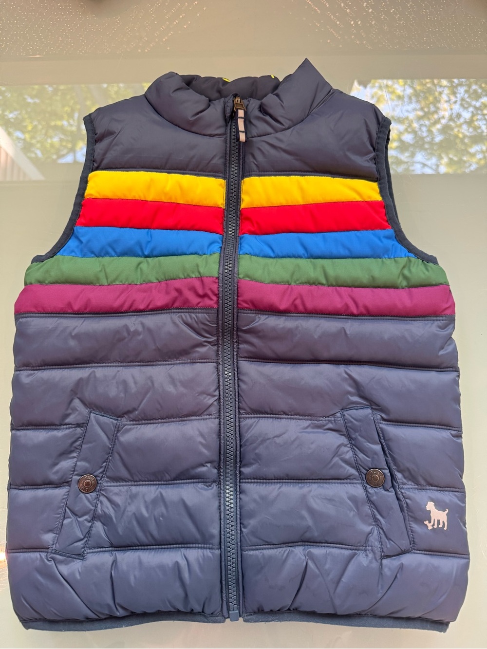 Mini Boden Navy Puffer Vest with Rainbow Stripes